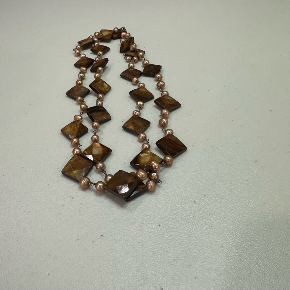Vintage Brown faux gemstone (plastic)  and faux pearlNecklace,boho,artsy